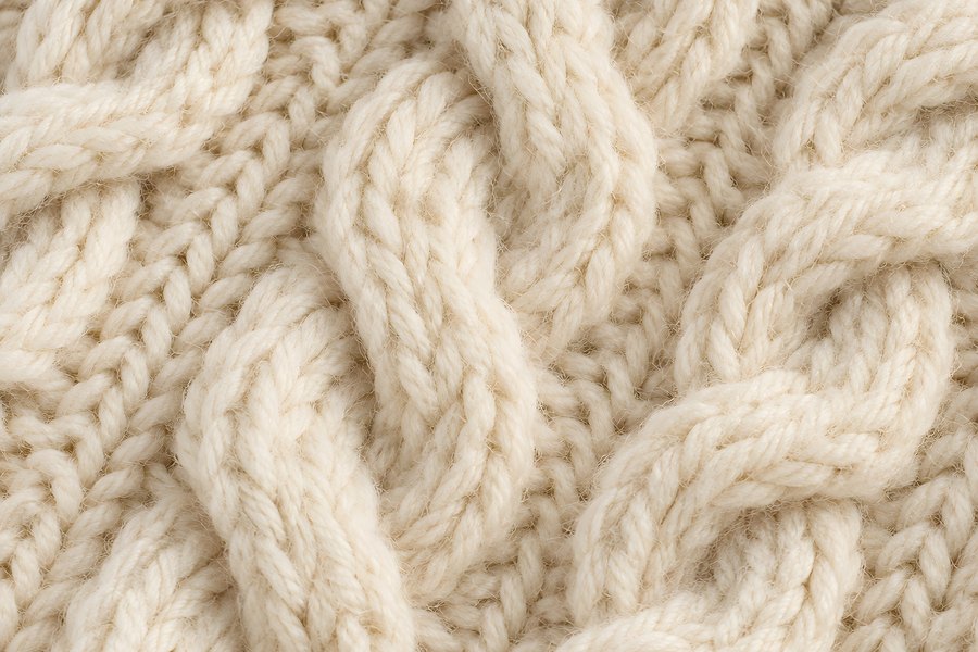 Close-up of chunky cream cable knit wool texture with braided stitch pattern for a cosy autumn winter background
