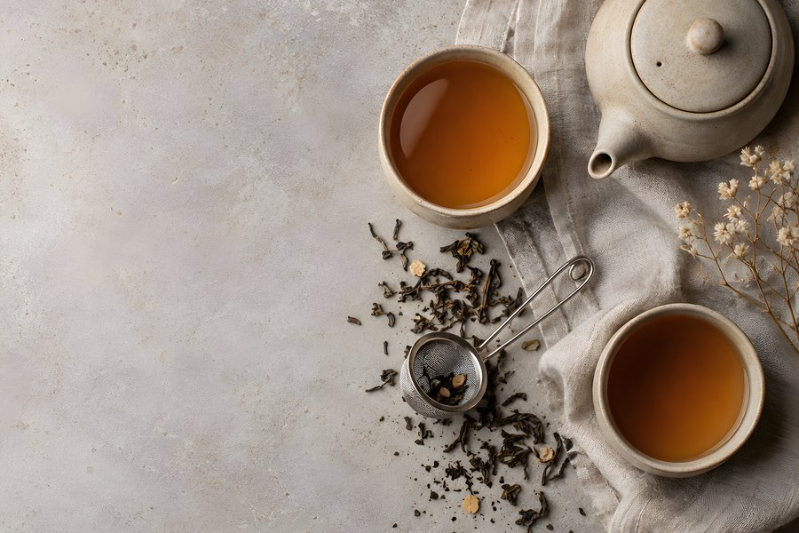 Overhead flat lay of two stoneware tea cups, a teapot and loose tea leaves with a strainer on a neutral cosy autumn tablescape