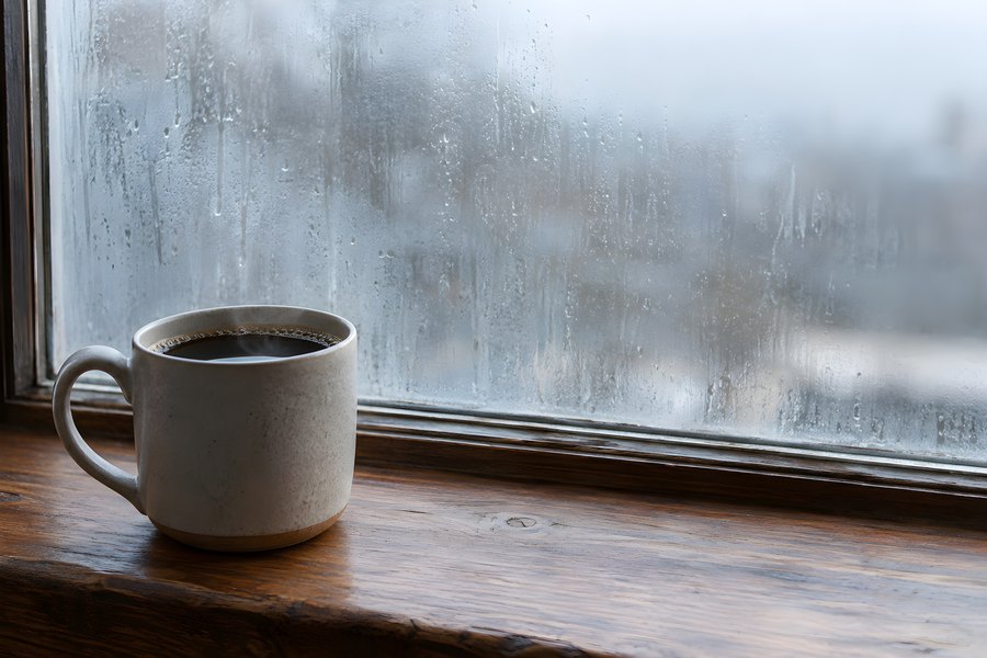 White ceramic coffee mug resting on a rustic wooden windowsill by a foggy, condensation-covered window