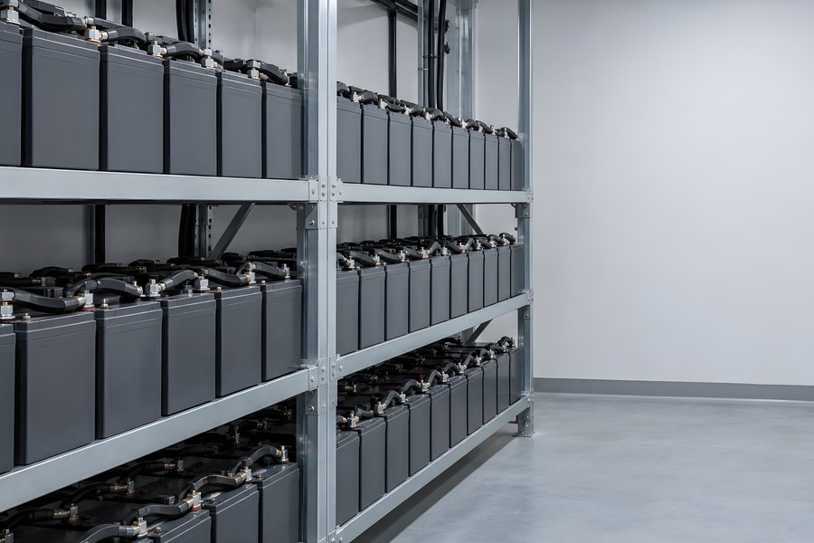 Rows of Backup Batteries on Steel Racks in a Data Center Battery Room