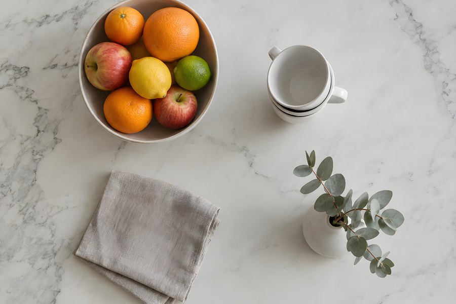 Overhead flat lay of an empty office kitchen tea point with a fruit bowl, stacked mugs, folded napkin and eucalyptus sprig on marble counter