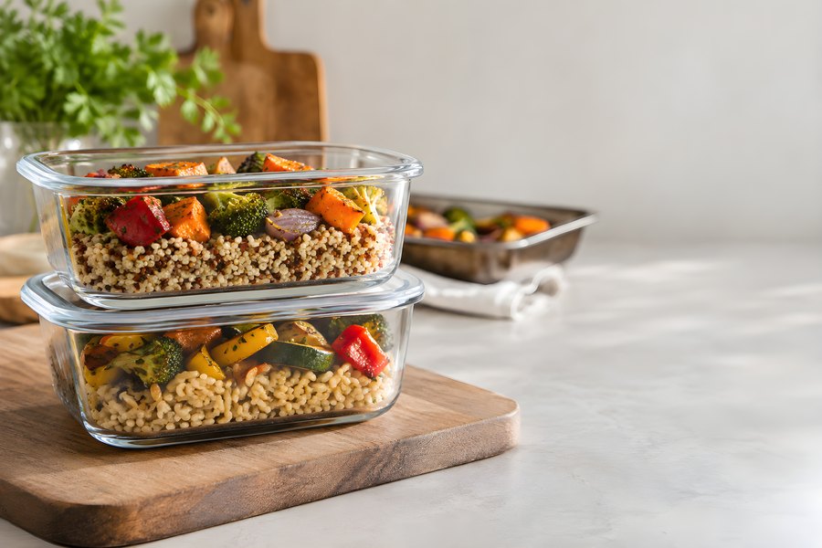 Stacked Glass Meal Prep Containers with Roasted Vegetables, Grains and Broccoli on a Wooden Board