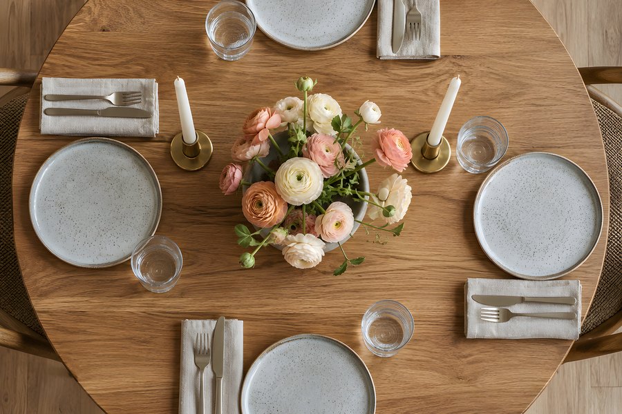 Overhead view of a round wooden dining table set for four with stoneware plates, linen napkins, brass candlesticks and a ranunculus centerpiece