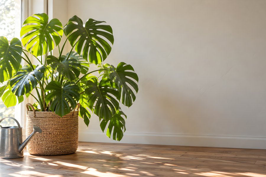 Monstera plant in a woven basket beside a sunlit window with a watering can on the wood floor