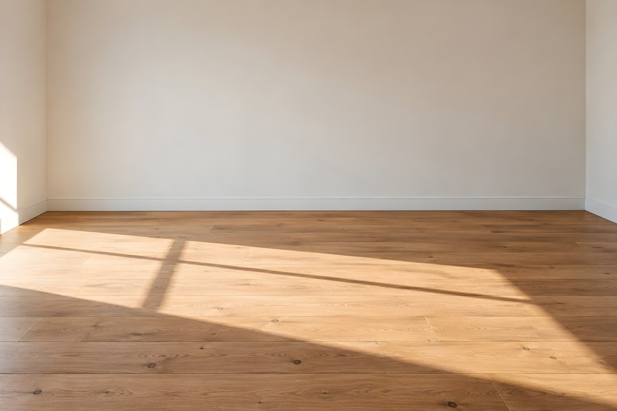 Empty room corner with warm sunlight and a diagonal window shadow across a plaster wall and wood floor