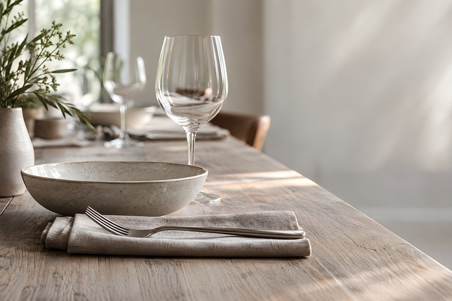 Close-up of a rustic wood dining table set with an empty stoneware bowl, wine glass and folded linen napkin, no people