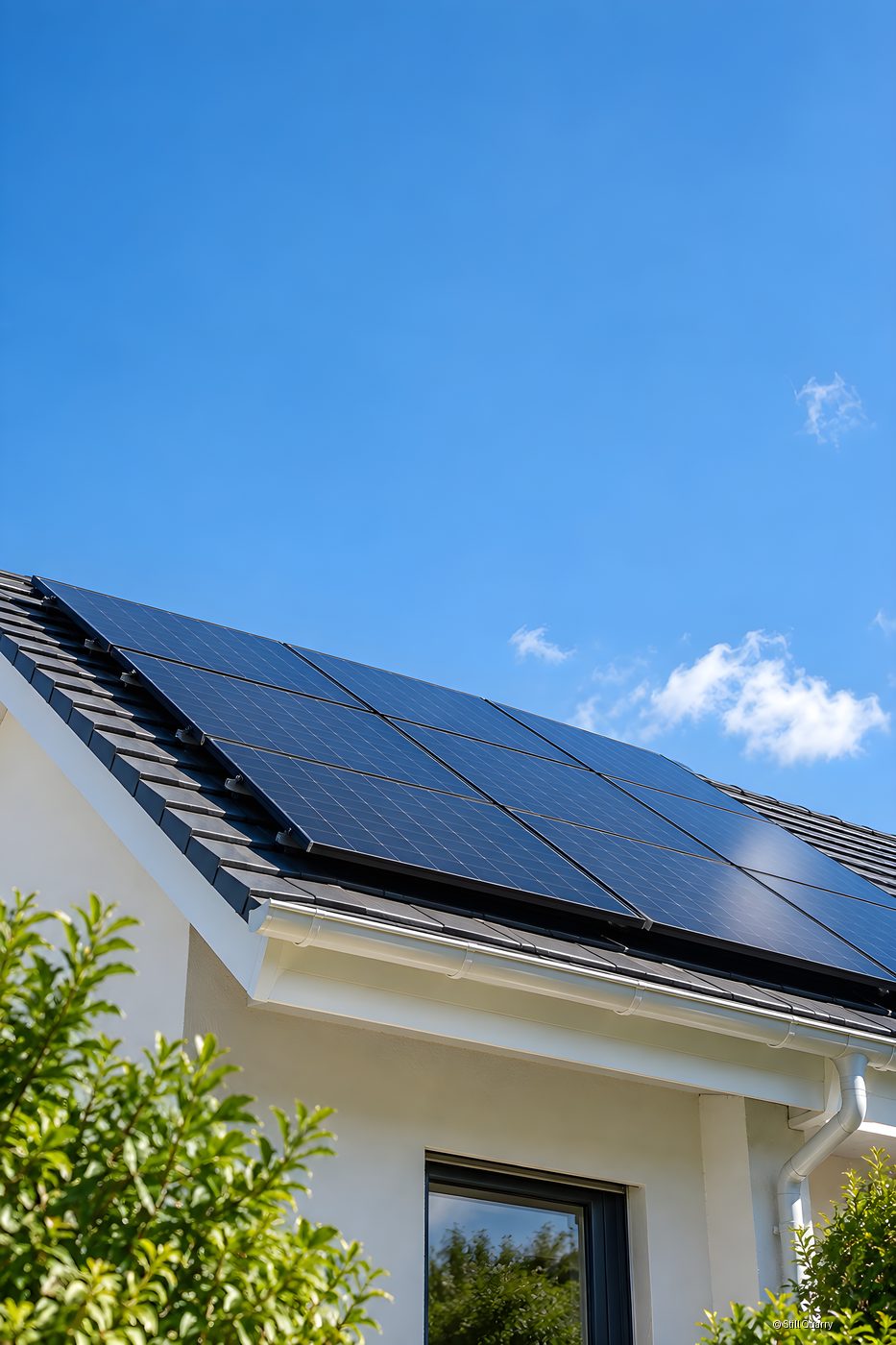 Black solar panels installed on the tiled pitched roof of a residential home under a bright blue sky with green shrubs in the foreground