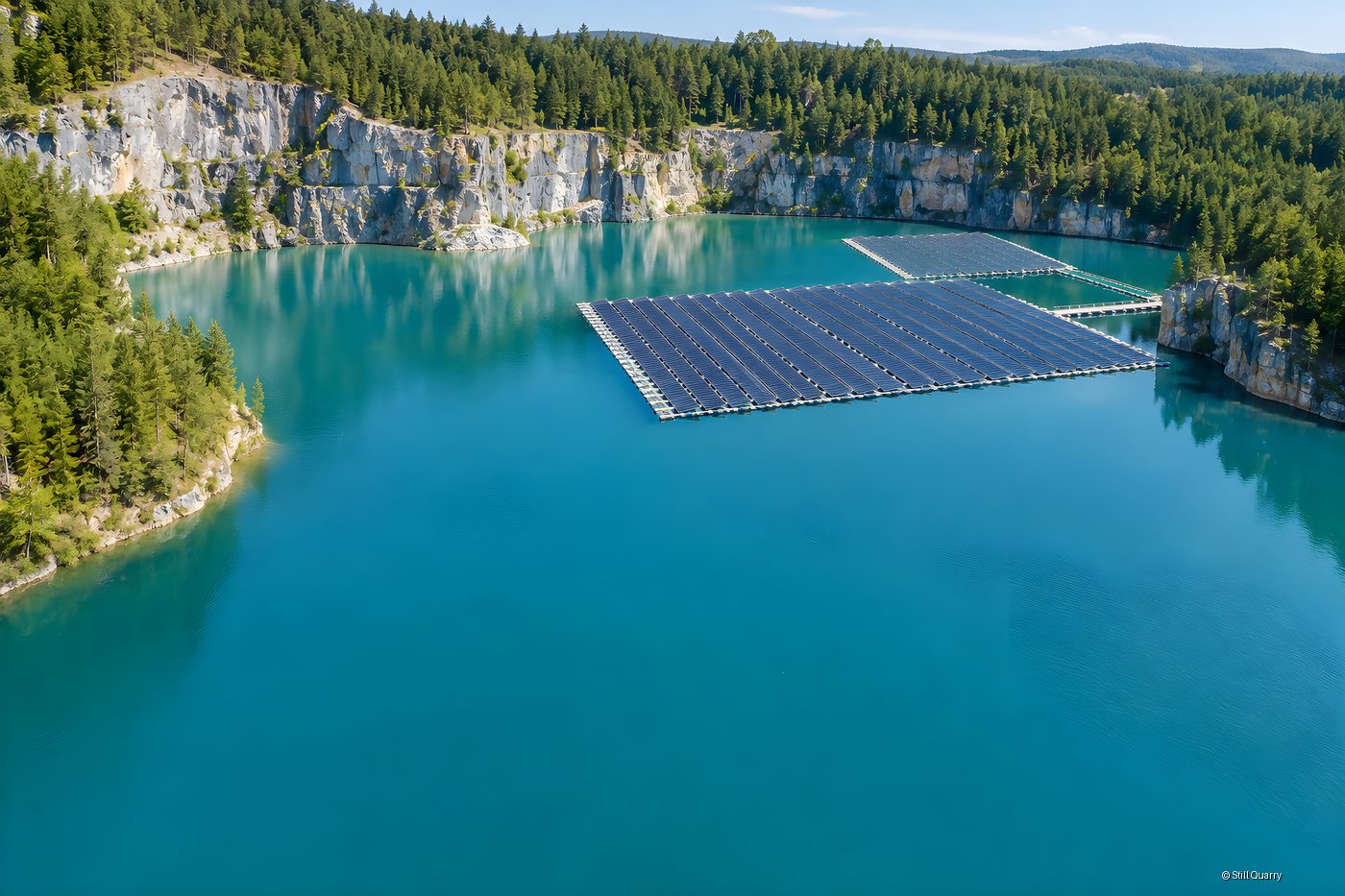 Aerial view of two floating solar arrays on a turquoise quarry lake surrounded by pine forest and limestone cliffs