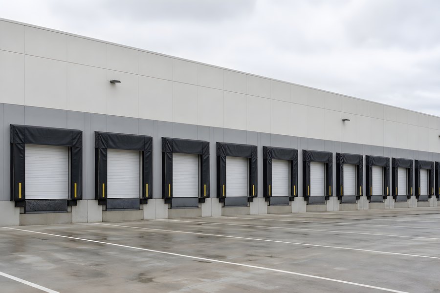 Row of loading dock bays with roller shutter doors and dock shelters along an empty distribution warehouse under an overcast sky