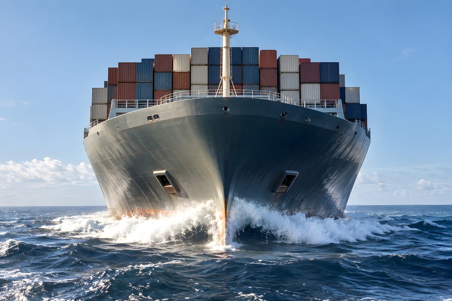 Loaded container ship plows through ocean waves, bow view against a clear blue sky