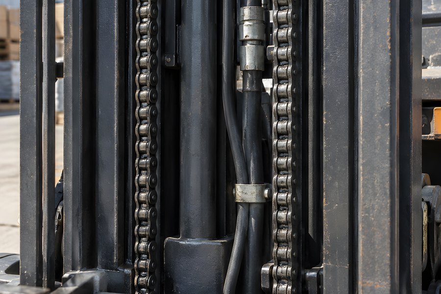 Close-Up of a Forklift Mast With Lift Chains, Hydraulic Hoses and Fork Tines Outside a Warehouse