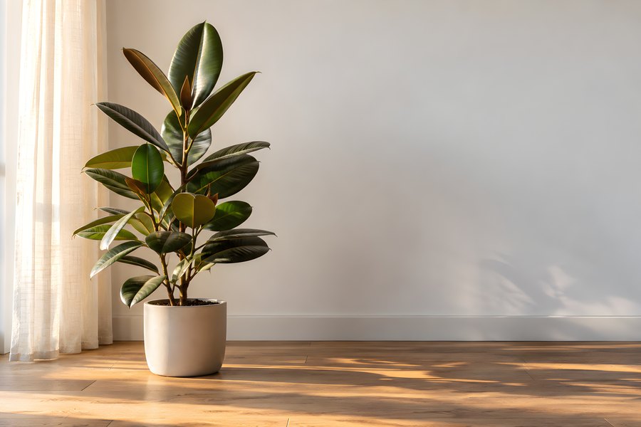 Potted Rubber Plant Standing Beside a Sunlit Window in a Minimal White Room with Empty Wall Space
