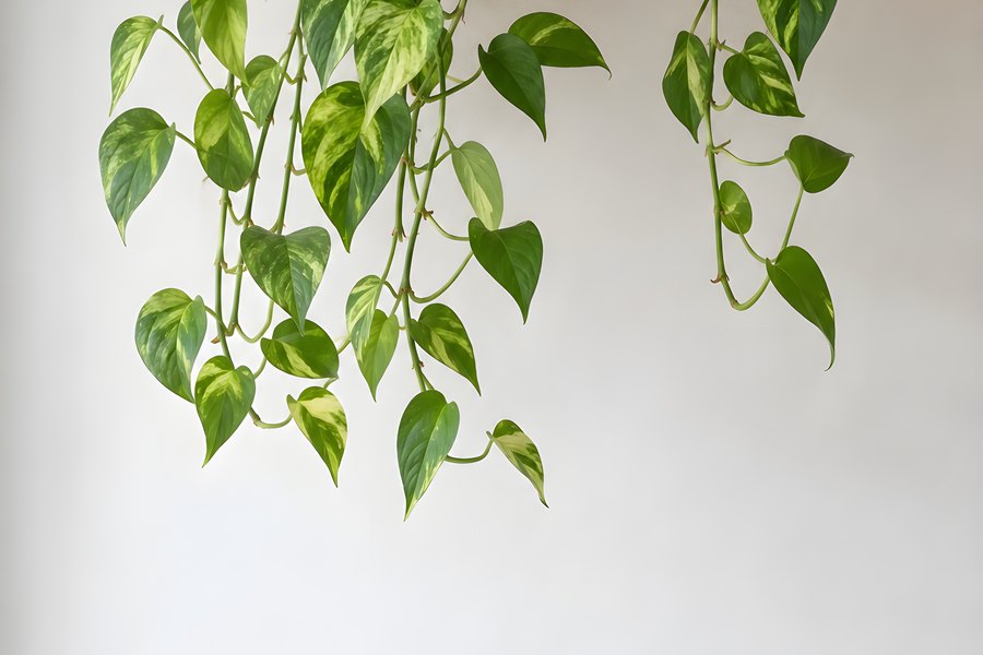 Trailing variegated pothos plant cascading from a wooden shelf down a plain white wall with copy space