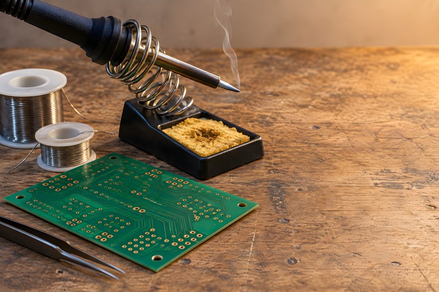 Soldering iron resting on a stand beside a circuit board, solder spools and tweezers on a rustic wooden repair workbench