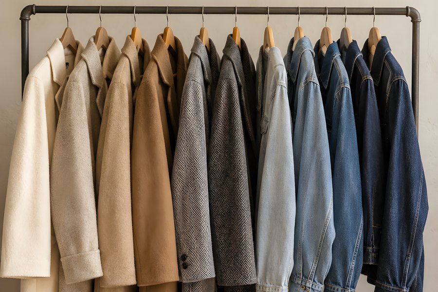 Wool Coats and Denim Jackets Hanging in Color Gradient on an Industrial Clothing Rack, No People
