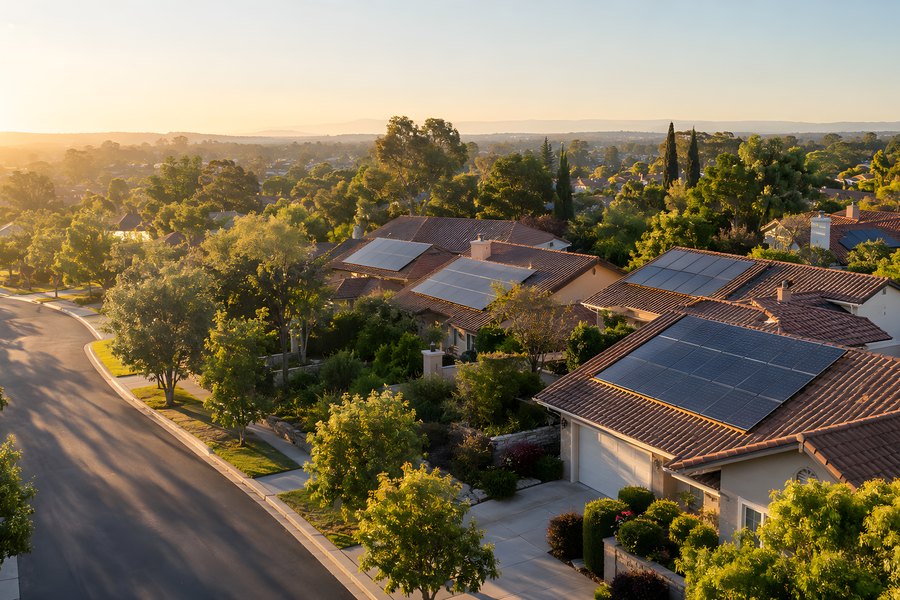 Aerial view of solar panels on terracotta tile roofs of suburban homes along a curved street at golden hour sunset