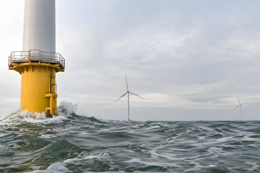 Yellow monopile foundation of an offshore wind turbine with waves splashing at its base and distant turbines on the horizon under overcast sky