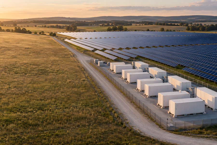 Aerial view of grid scale battery energy storage containers beside a solar farm on rural farmland at golden hour sunset