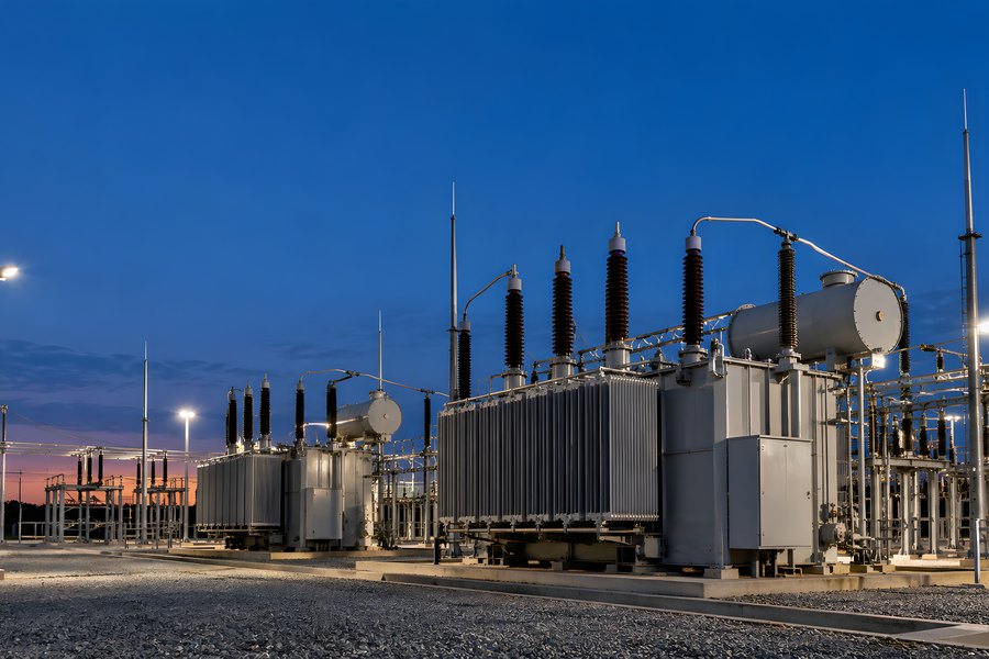 High voltage substation transformers and switchyard busbars under a deep blue twilight sky with floodlights on a gravel yard