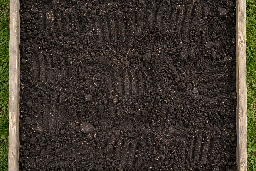 Overhead view of an empty wooden raised garden bed filled with freshly turned dark soil, ready for spring vegetable planting