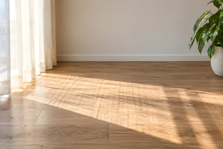 Morning sunlight streaming through a sheer curtain casts long shadows across a wooden floor in an empty room with a potted plant