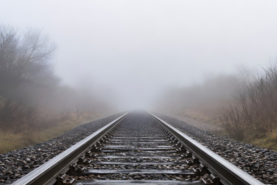 Empty Railway Track Vanishing Into Dense Morning Fog