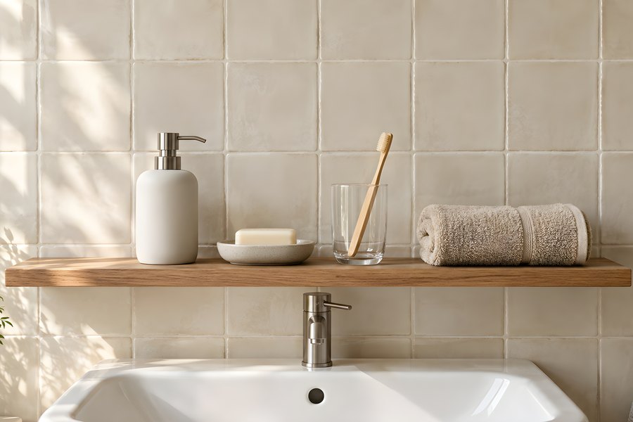 Minimal bathroom shelf styled with a soap dispenser, ceramic soap dish, glass toothbrush holder and rolled towel against a tiled wall