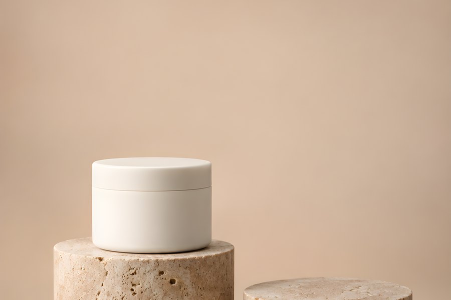 Blank white cosmetic jar on round travertine stone plinths against a warm beige backdrop, ideal for skincare packaging mockups
