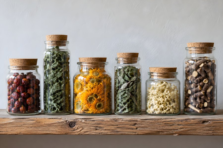 Row of Glass Apothecary Jars with Dried Herbs, Flowers and Botanicals on a Rustic Wood Shelf